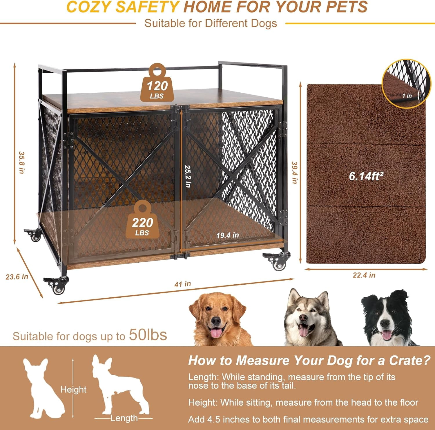 PETSCOSSET Dog Crate Furniture with Cushion, Double Door Wooden Dog Kennel Indoor with Wheels, 41"L x 23.6"W x 35.8"H