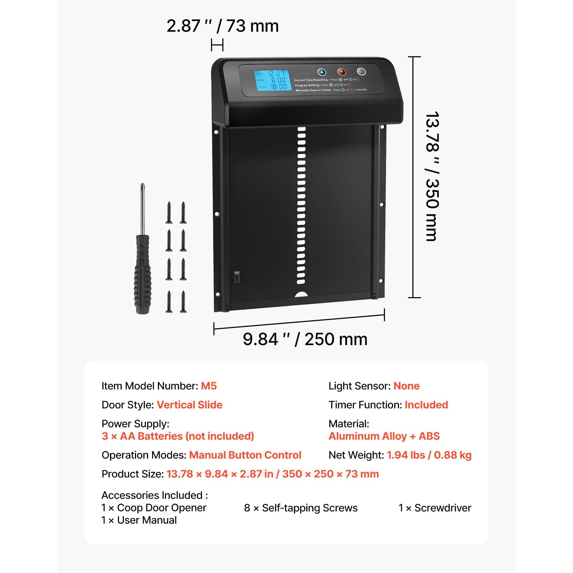 Automatic Chicken Coop Door, Timer and Manual Modes, Anti-Pinch Protection, Aluminum Alloy with ABS Housing, AA Battery Powered, Easy Installation for Backyard Coops