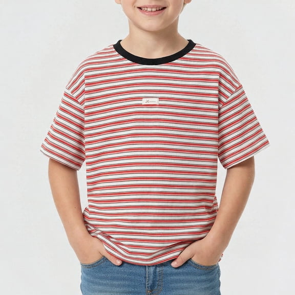 Xijirk Boys T Shirts Summer Casual Short Sleeve Crew Neck Striped Tee Loose Fit Comfortable Top for Children,11-12 Years