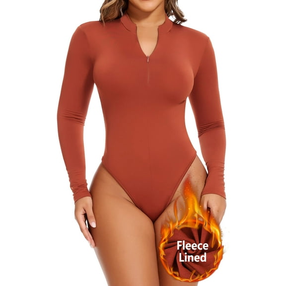 ANYFIT WEAR Women's Mock Turtle Neck Fleece Lined Zip Up Thong Bodysuit Long Sleeve Shirt Going Out Tops for Cold Weather