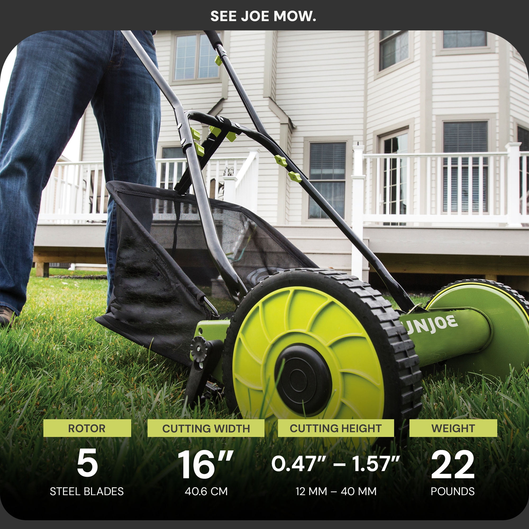 Sun Joe Cordless, Manual Push Reel Lawn Mower, Green – Grass