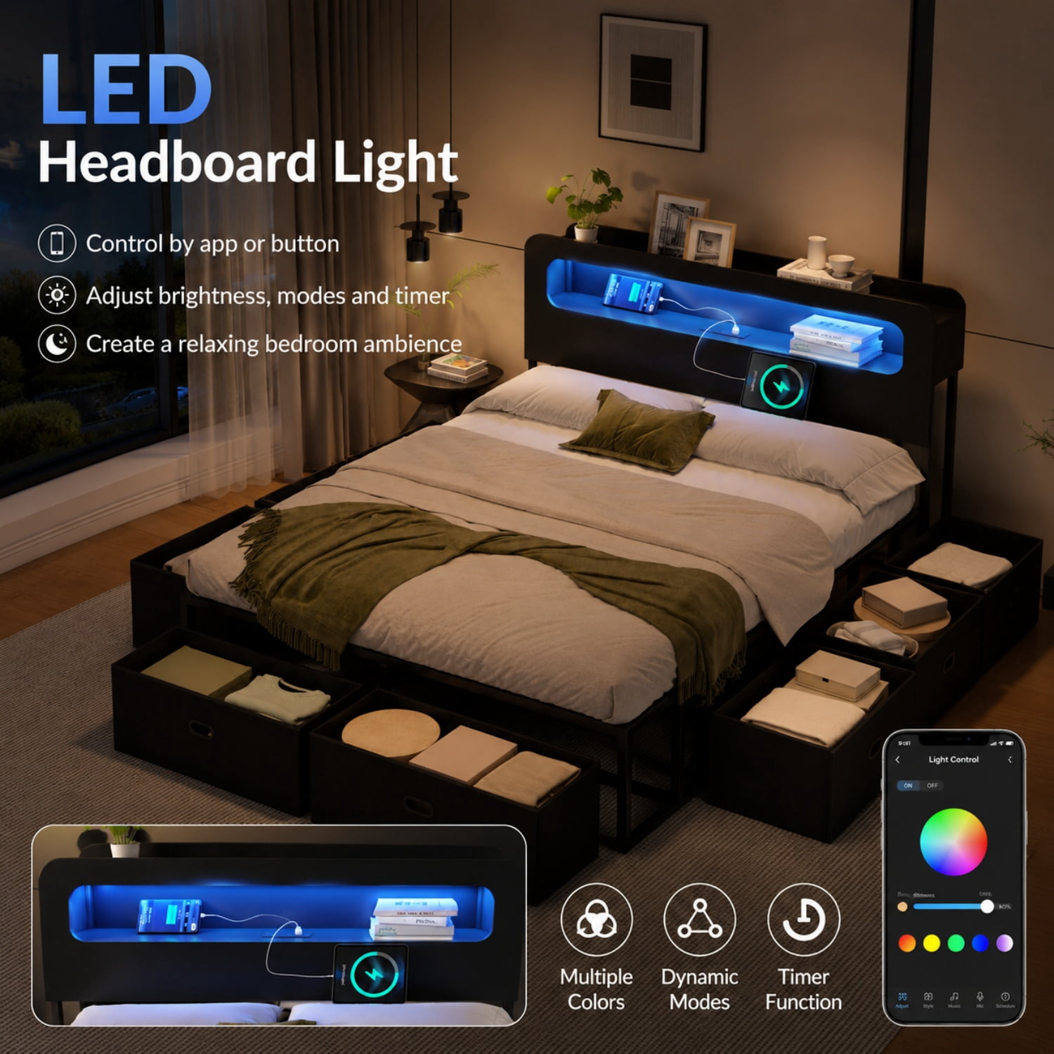 Miniyam Full Platform Bed Frame with 8 Storage Drawers, LED Lights, Bookshelf Headboard and Charging Station, Black
