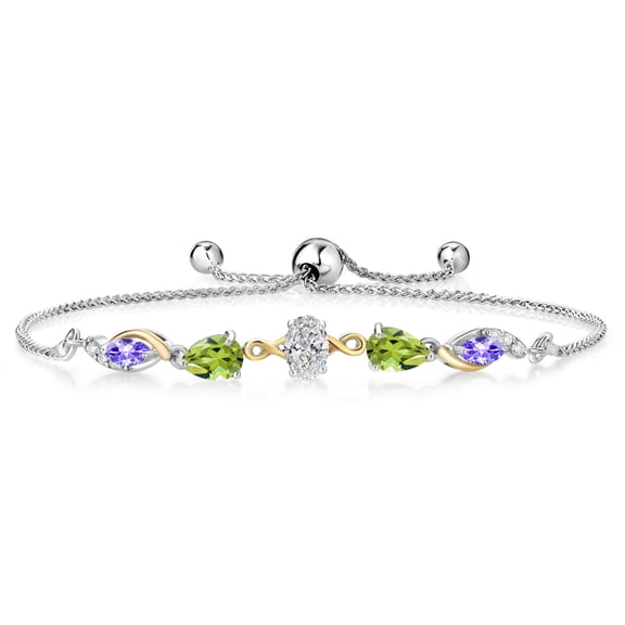 Gem Stone King 925 Silver and 10K Yellow Gold Lab Grown Diamond, Green Peridot and Blue Tanzanite Bracelet for Women | 1.53 Cttw | Gemstone April Birthstone | Oval 6X4MM | Fully Adjustable 9 inch