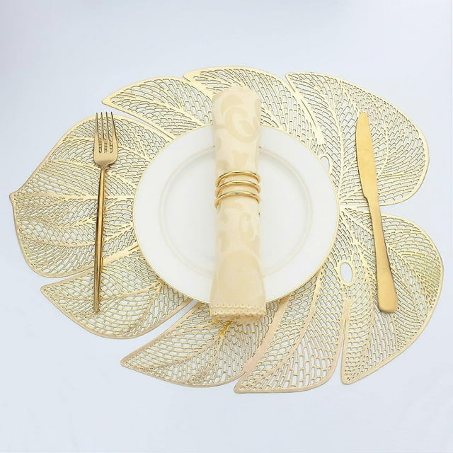 Leaf Shaped Vinyl Placemats for Dinner Table Set of 6 Metallic Plastic Green Place Mats Wipeable 6Pcs Table Mats for Wedding Annersary Dinner Table