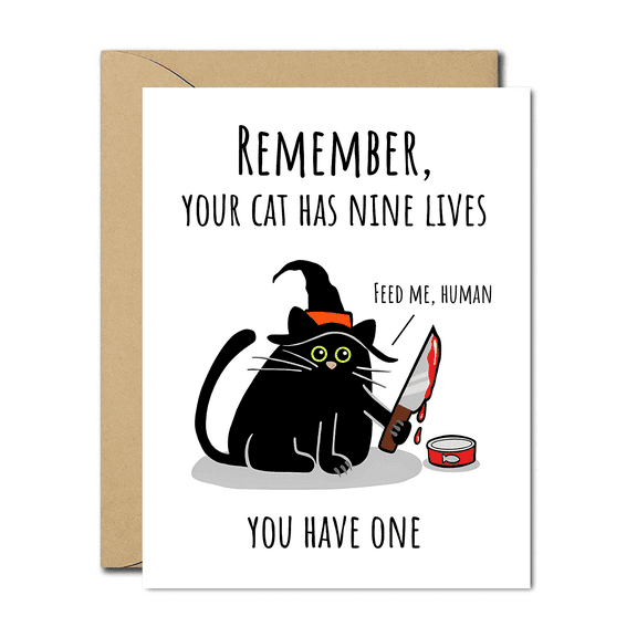 Funny Cat Card – "Remember, Your Cat Has Nine Lives" – Humorous Design with Black Cat and Knife – Perfect for Cat Lovers, Birthdays, and Just for Laughs