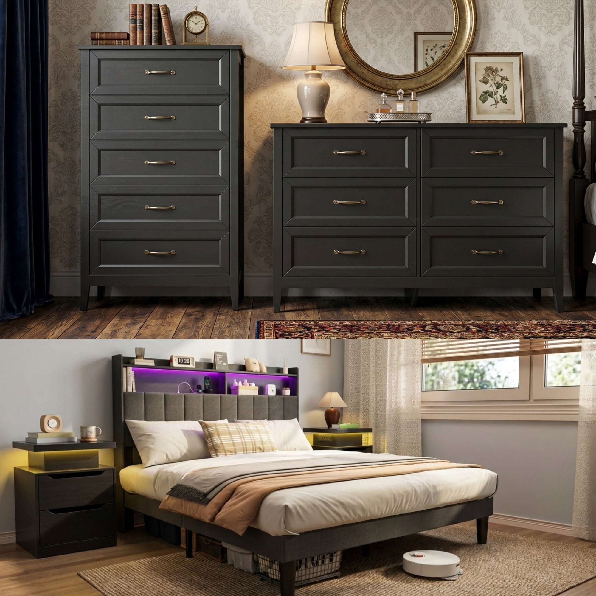 Asofer Bedroom Furniture Sets, Include Queen Size Bed Frame, 5-Drawer Dresser & 6-Drawer Dresser and 2 Nightstands, Black