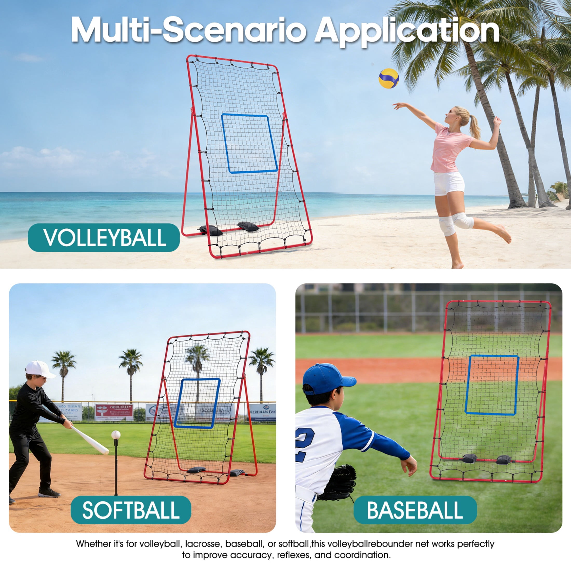 SHOUFTW 7x4 ft Volleyball Rebounder Net-Multi-Sport Training Bounce Back Net with Carry Bag, 5 Angle Adjustments for Indoor & Outdoor Practice, Red