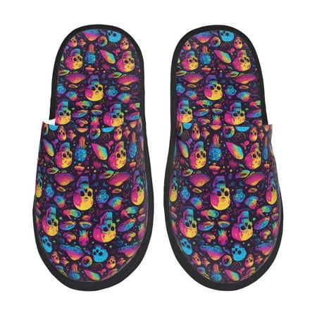 Balery colorful Skull Retro Slient Indoor Furry Fleece Comfort House Shoes Soft Non-Slip Home Shoes Cotton slippers House Slippers-- Large