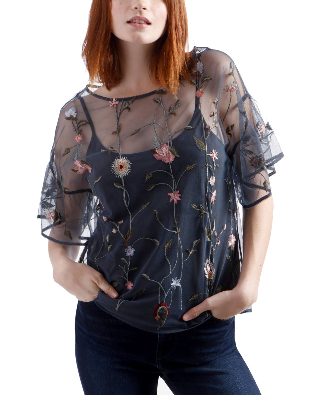 Lucky Brand Tops & Blouses Womens Ruffle Sleeves Sheer Floral Blouse