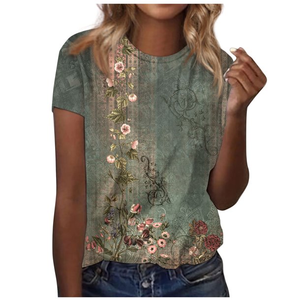 moda de las mujeres casual manga corta estampado de flores cuello redondo jersey blusa superior verde / l