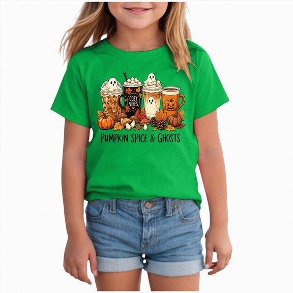 KPOPLK Big Girls Halloween T-Shirt Fall Cute Cartoon Ghost Short Sleeve Shirt Kids Girl Crewneck Top Size 5-6 Years,Green