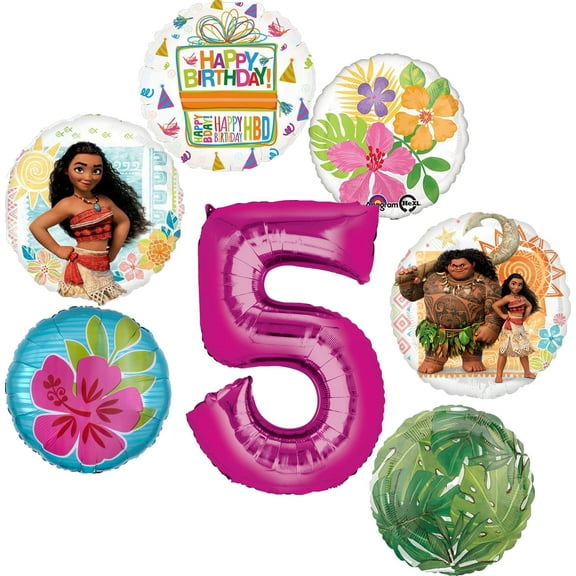 Anagram Moana 5th Birthday Party Balloon Bouquet Decorations, 7pc