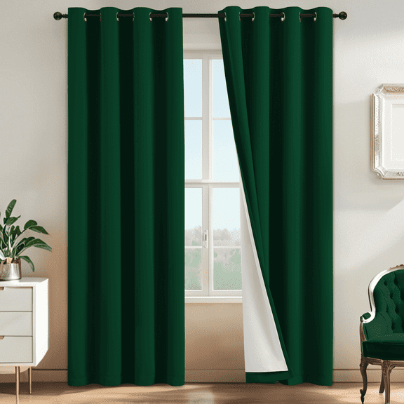 Yakamok 100% Blackout Curtain Panels 84 inches Light Blocking Drapes for Nursery, 2 Thick Layers Thermal Insulated Draperies(2 Pieces, 52 Wide Each Panel,Dark Green Front with White Backing)