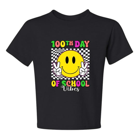 Wild Bobby 100th Day of School Retro Cute Smiley Face, 100 Days of School 2024 2025 Design for Kids Youth Boys Girls School Unisex Boys Girls Graphic Youth T-Shirt