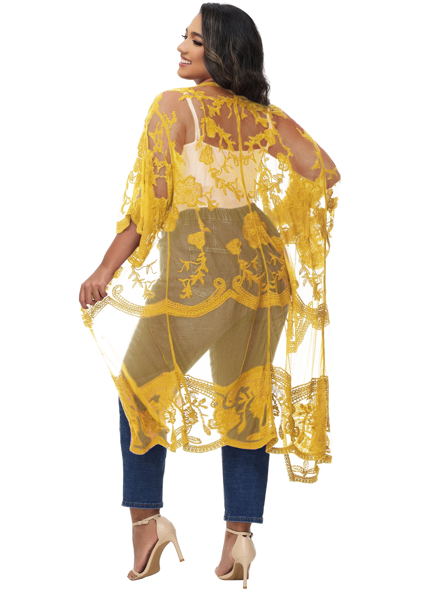 Women's Plus Size Kimono Floral Lace Cardigan Beach Cover Up