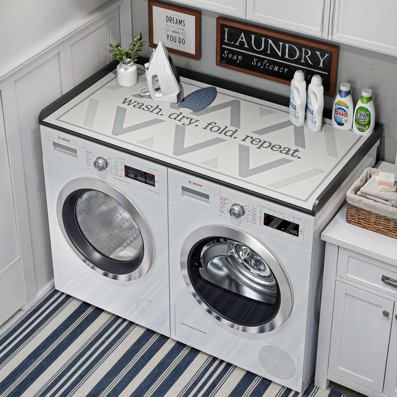 FIMELLO 27.6" x 54" Washer and Dryer Countertop, Laundry Countertop with Edge Rails, Washer and Dryer Topper, Washing Machine Topper, Laundry Table for Folding Clothes and Storage, Black