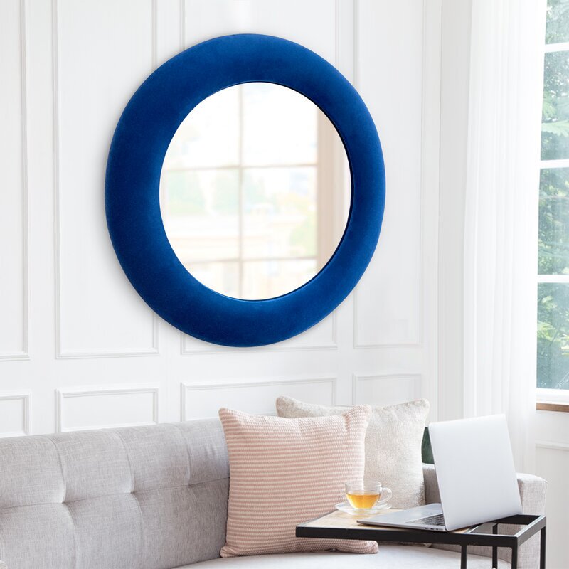 NeuType 24" Blue Velvet Round Wall Mirror Modern Accent Mirror