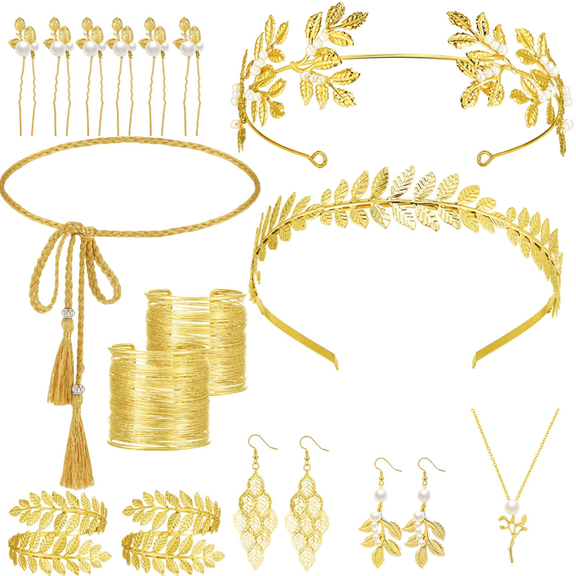15 Pcs Greek Goddess Costume Accessories Set Golden Laurel Leaf Crown Upper Arm Cuff Coil Bracelet Hair Headpiece Artificial Leaf Drop Earrings Necklace for Women