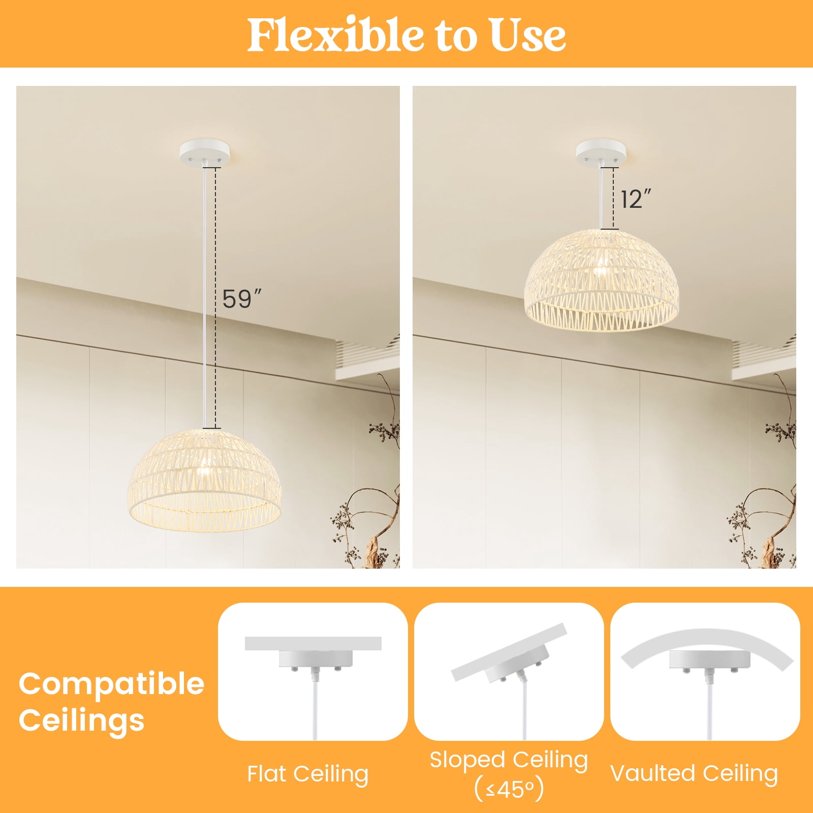 Topbuy Paper Pendant Light Fixture Dome Hanging Ceiling Light with Adjustable Hanging Rope 17.5” Decorative Chandelier