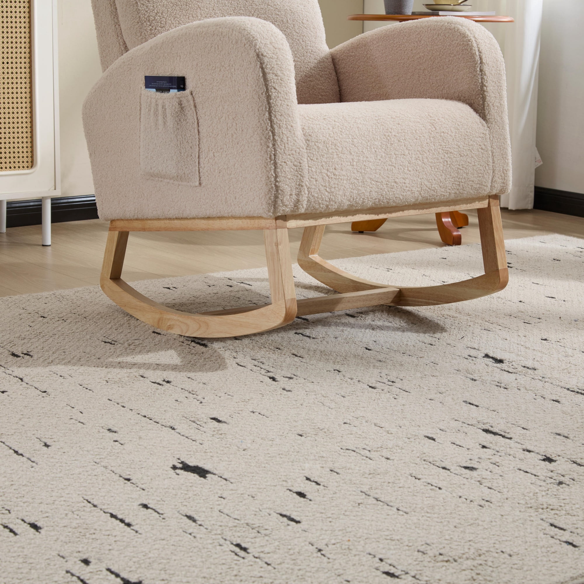 CARZZI LIFE Modern Nursery Rocking Chair, Teddy Upholstered Rocking Chair with Footrest, Comfortable Rocker Recliner with Side Pocket, Rocker Glider for Living Room, Bedroom, Nursing Room (Beige)