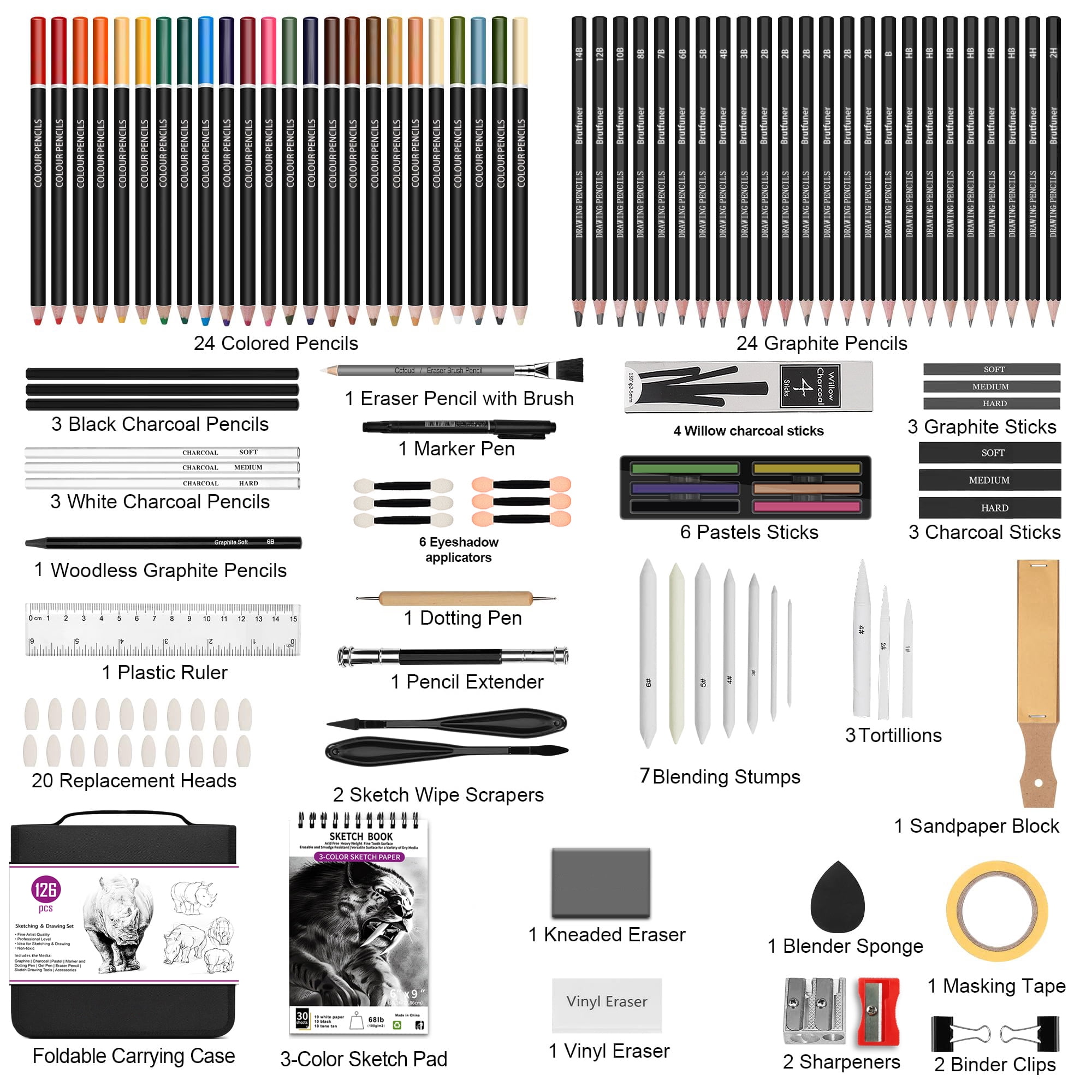 126 PCS Drawing Kit Sketching Pencil Set,Sketch Pencils Art Supplies with Sketchbook,Graphite,Charcoal,Blending Tools