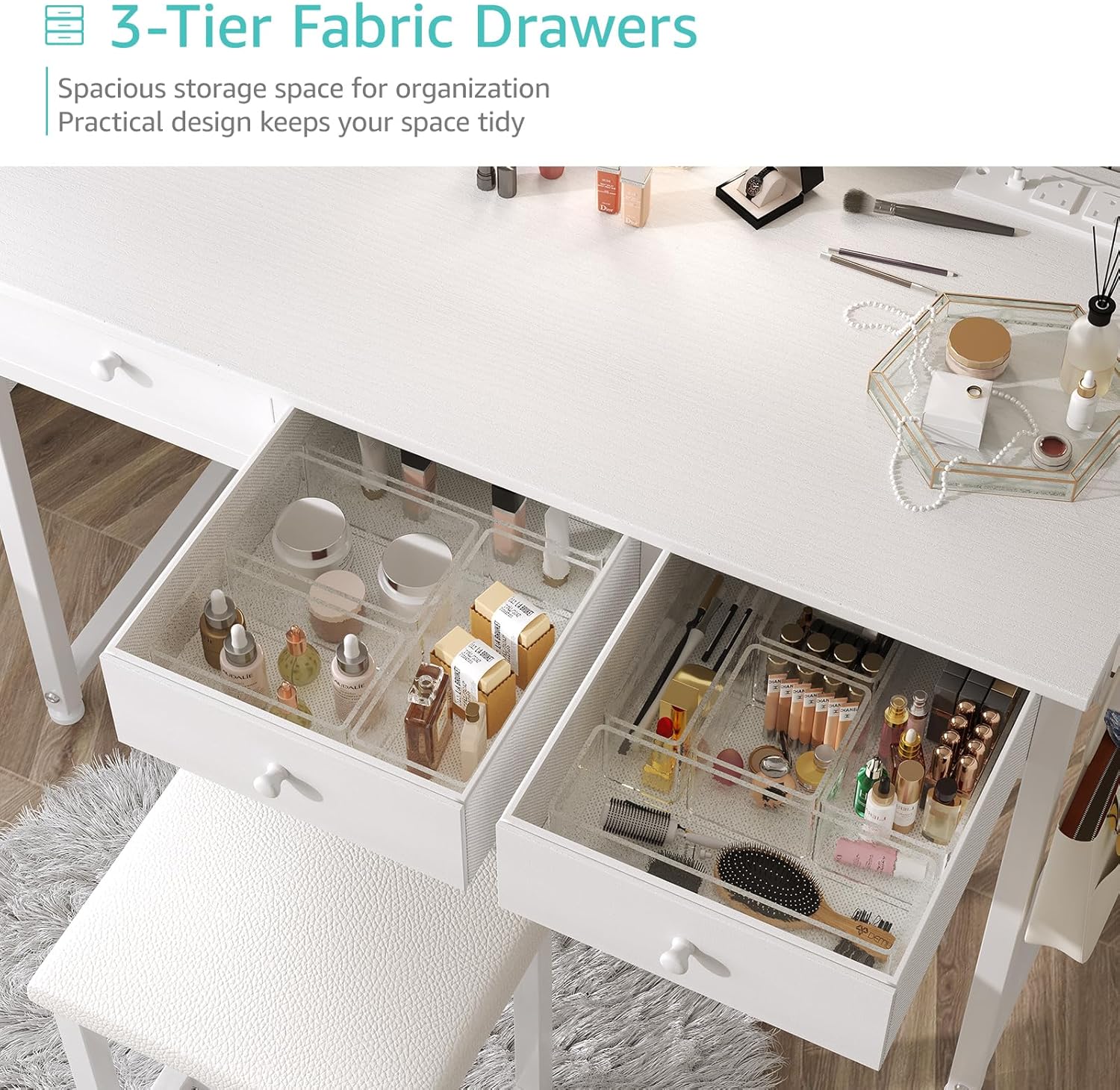 Lufeiya White Makeup Vanity Desk with Mirror and Lights, 40 inch Dressing Table with Fabric Drawers & Power Outlet Chair Set for Girls Bedroom, White