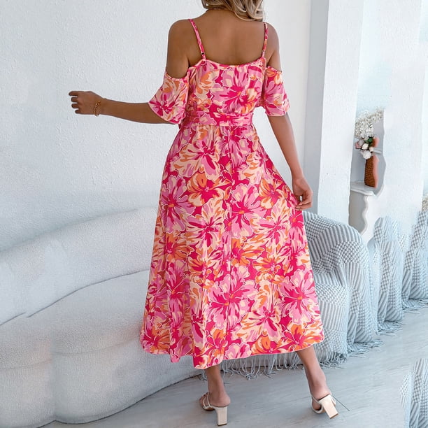 Mutghys Boho Dresses for Women Fashion Print V-Neck Spaghetti Strap Off The Shoulder Dresses Soft Comfortable Crisp Flowy Summer Beach Vacation