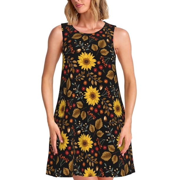 Fotbe Sunflowers Leaves Vestido de Verano sin Mangas para Mujer – Vestido Midi Línea A, Estilo Camiseta Floral, Vestido Playero Casual y Fluido