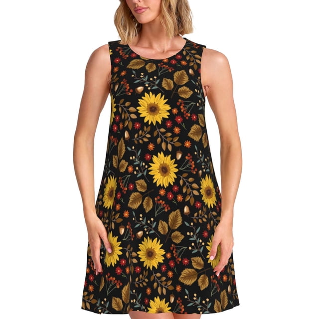 Balery Sunflowers Leaves Vestidos de verano para mujer con estampado: vestido holgado sin mangas, vestido playero informal y cómodo para días calurosos.