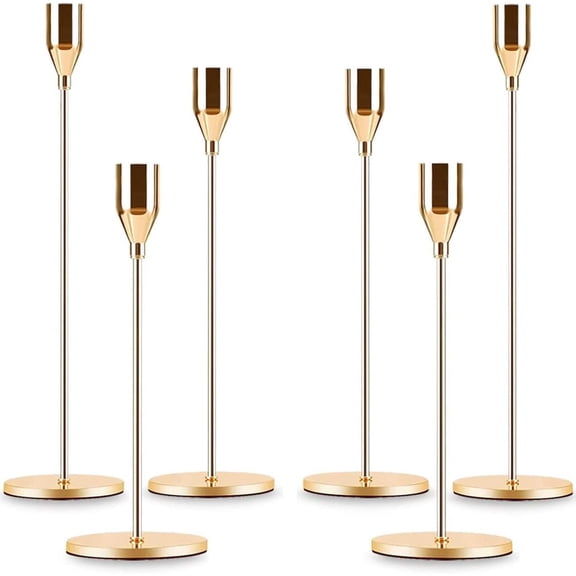 Taper Candle Holder Set of 6, Brass Gold Tall Candlestick Holders, Metal Vintage Candle Stickers Long Holder Set, Pillar Decorative Candle Holder Fits 3/4 Inch Candle for Wedding (Gold-6 Packs)