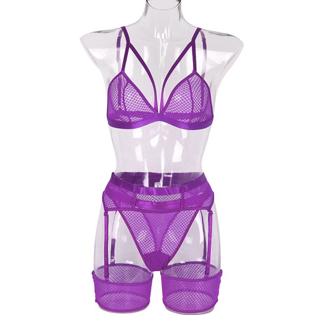 Conjunto de tres piezas divertido para mujer, de encaje suave y cómodo, de malla con perspectiva para mujer, estilo europeo y americano