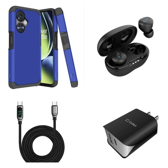 Accessories Bundle for OnePlus Nord N30 5G - Dual Hybrid Shockproof Magnetic Mount Case (Dark Blue) with Wireless Earbuds, UL Certified Dual Wall Charger, Digital Display USB-C to USB-C Cable