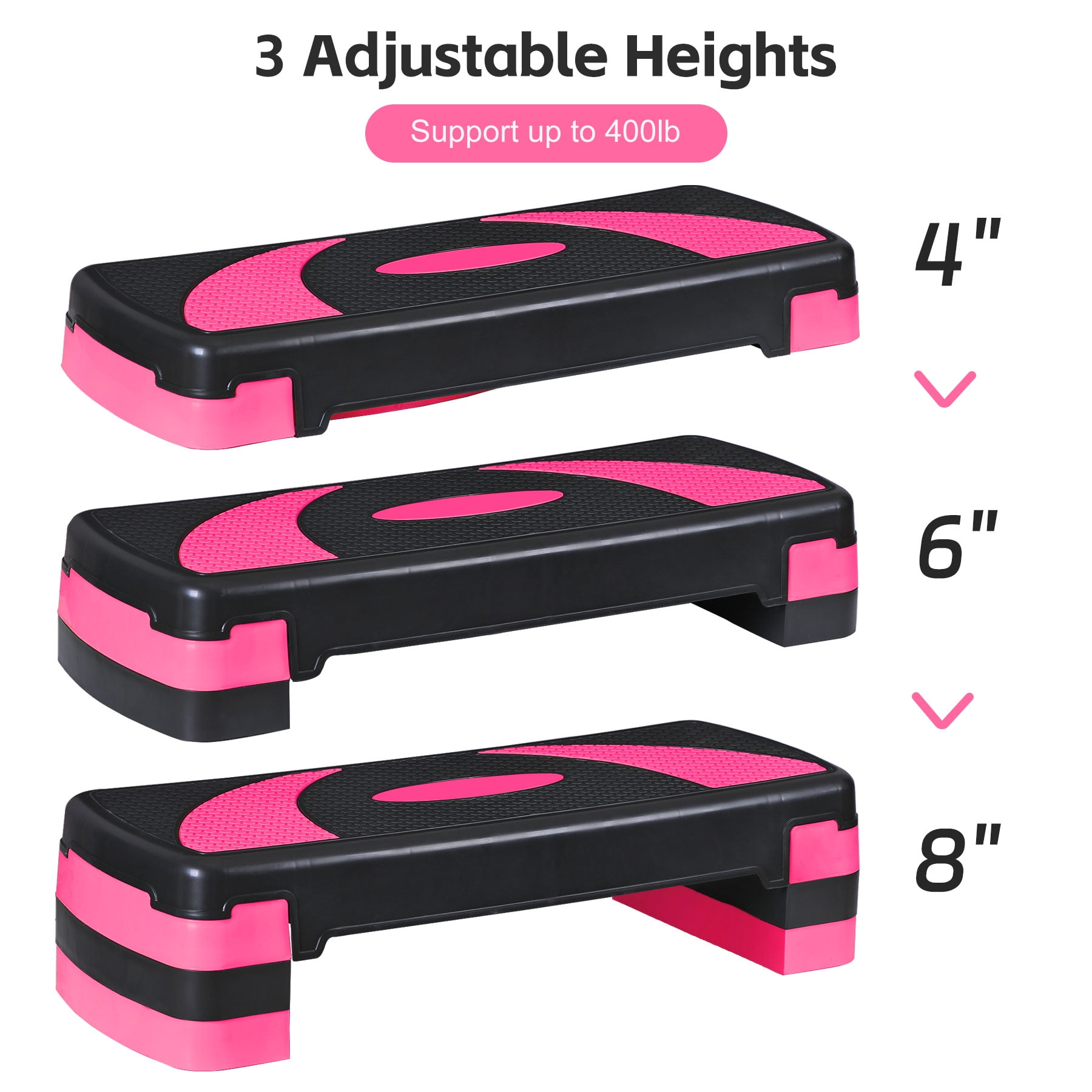 ZenSports 30'' Adjustable Workout Aerobic Step Platform W/4 Risers 4’’ 6’’ 8’’, Non-Slip Surface, Pink