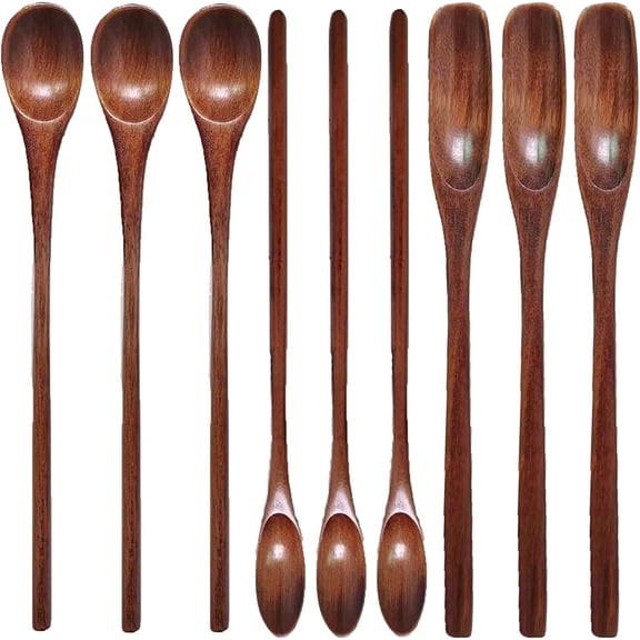 ABCISI Wooden Coffee Spoons Long Handle Wooden Tea spoon Wooden Mixing Honey Spoon Handmade Wood Stirring Spoon for Kitchen Stirring Dessert Honey Spoons(9PCS) (7.87in)