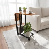 C-Shaped Side Table with Wheels - Foldable, Black End Table for Living Room