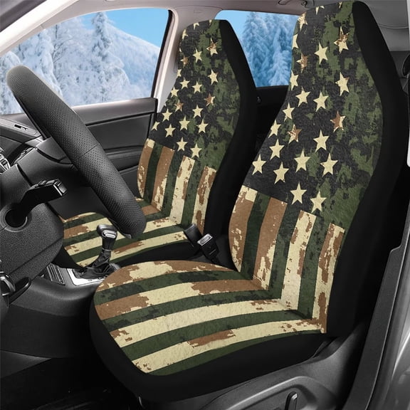 Uorisanigo Car Seat Covers Front Seats, 2-Pack American Flag Camo High Back Seat Covers for Cars, Fit for Most SUV Sedans Tracks Hatchbacks, Soft Fuzzy Fur Full Wrapping Edge Seats Cover