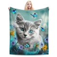 thumbnail image 2 of Couverture Chat pour Filles Femmes Mignon Chat avec Papillon Bleu Couverture Ultra, 2 of 5