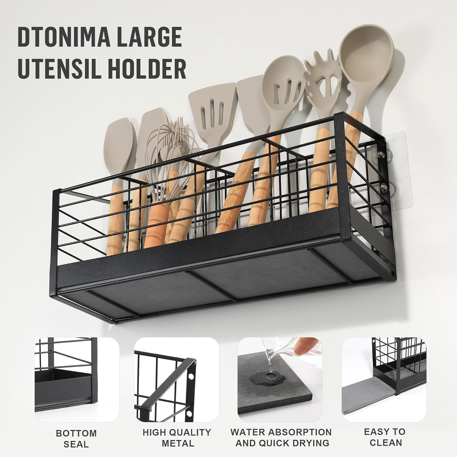 Behome Extra Large Kitchen Utensil Holder, 4 Compartments & Diatomaceous Earth Base, Wall Mounted Anti Rust Metal Holder for Kitchen Counter, Farmhouse Cooking Utensil Storage, Black