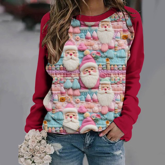 Aqestyerly Haut de Noël pour Femme Blouse à Manches Longues Imprimée de Noël Col Rond Tunique Décontractée