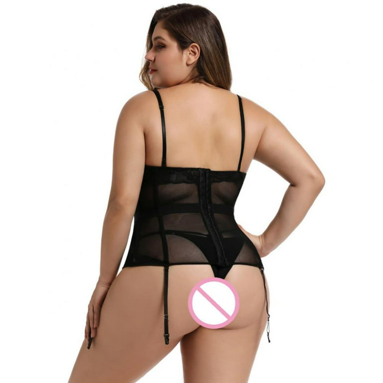 Sexy Corset Women Bone Black Lace Bustier Corset+G string Set Lingerie size  M