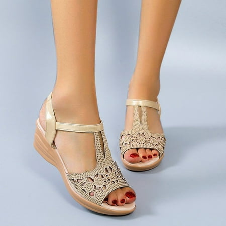 

Follure Spring Summer Women s Middle Heel Roman Wedge Rhinestone Sandals Hollow Out Fish Mouth Elastic