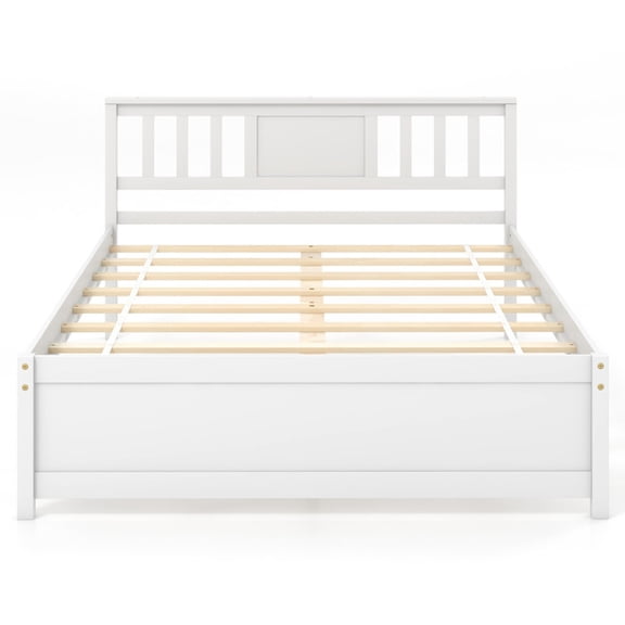 Furnibear Full Size Bed Frame White Wooden Platform Bed with Headboard and Slat Support, No Box Spring Needed, Under Bed Space