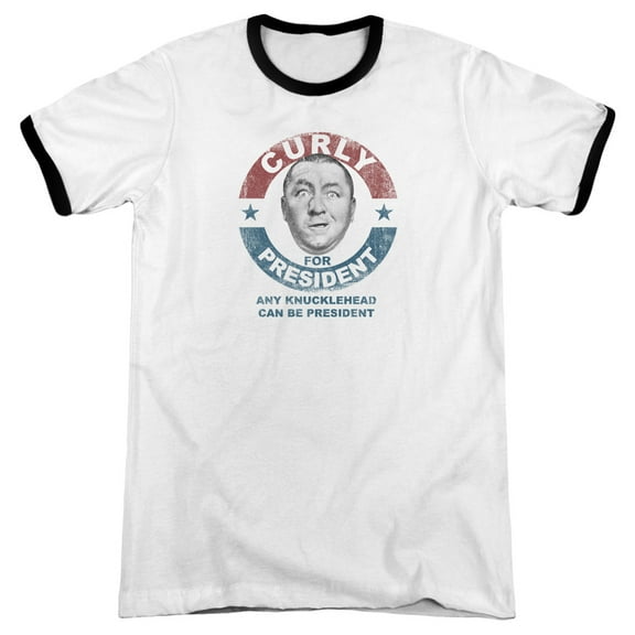 Three Stooges Curly For President Adult Ringer T-Shirt White Black