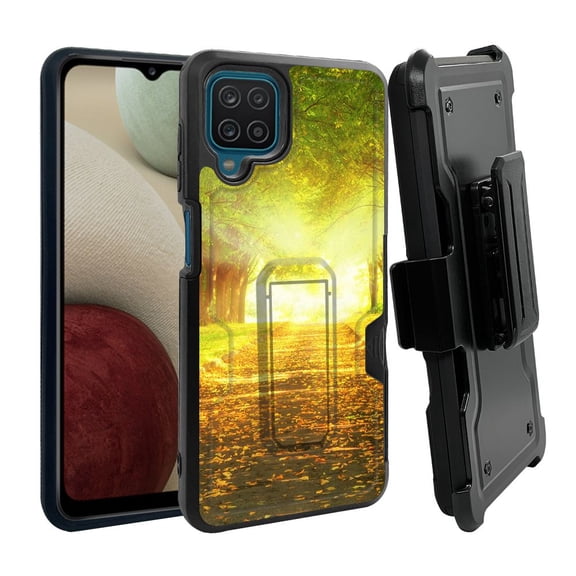 ANJ  Rugged Dual Layer Shockproof Holster Case w/Card Slot, Kickstand   Tempered Glass for Samsung Galaxy A12 - Sunrise Walk