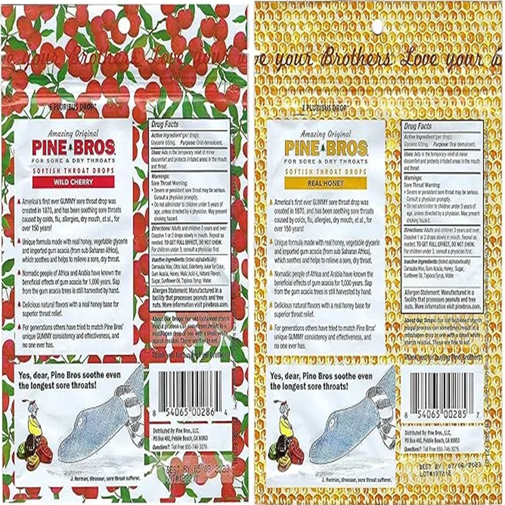 Pine Bros Throat Drops, Honey & Wild Cherry Flavor, Soft Lozenges, 12 Count