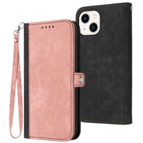 Allytech for Apple iPhone 14 Case Cover, Premium PU Leather Drop Proof Kickstand Wrist Strap Card Holder TPU Interior Folio Flip Magnetic Wallet Protective Case for Apple iPhone 14 5G 6.1", Pink