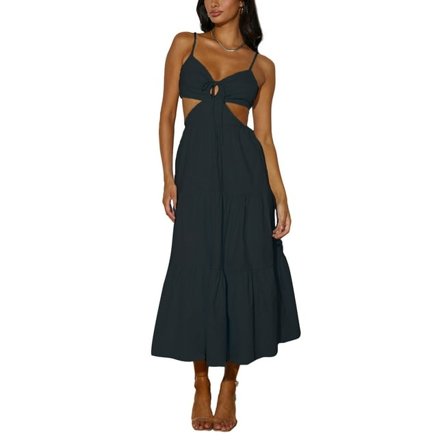 Kmbangi Robe Midi Cami d'Été pour Femmes Couleur Unie Bretelles Spaghetti V-Cou Coupe Plage Robe Fluide