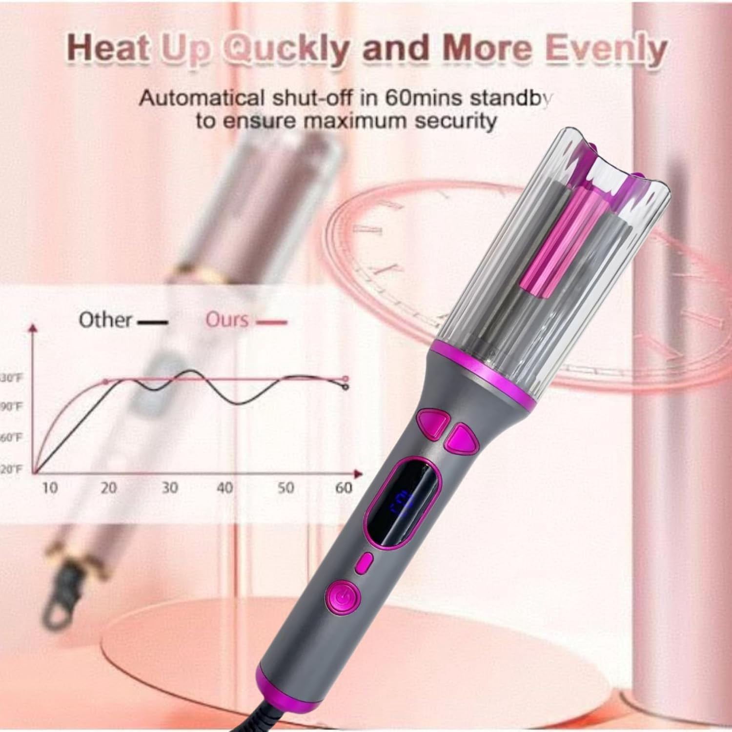 Automatic Curling Iron, 1 Inch Ceramic Barrel, Auto Rotating Hair Curler with 4 Temperature Settings, Timer, Dual Voltage, Auto Shut Off (Grey)