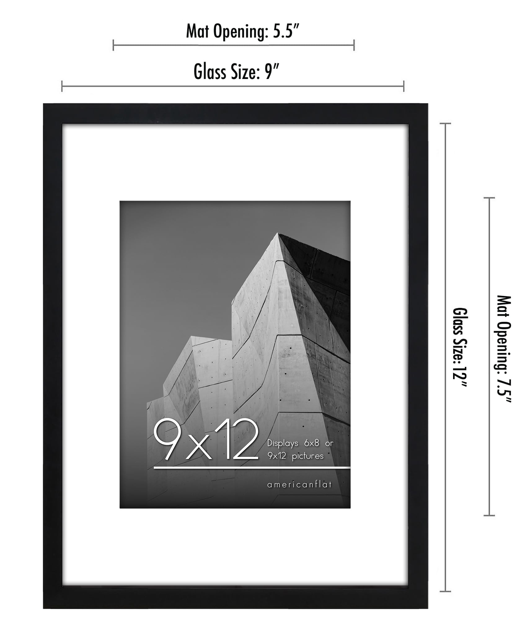 Americanflat 9x12 Picture Frame in Black - Displays 6x8 With Mat and 9x12 Without Mat - Horizontal and Vertical Formats for Wall and Tabletop