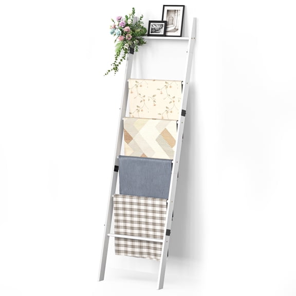 BambooHomie 6-Tier Bamboo Wood Blanket Ladder Towel Holder for the Living Room, White